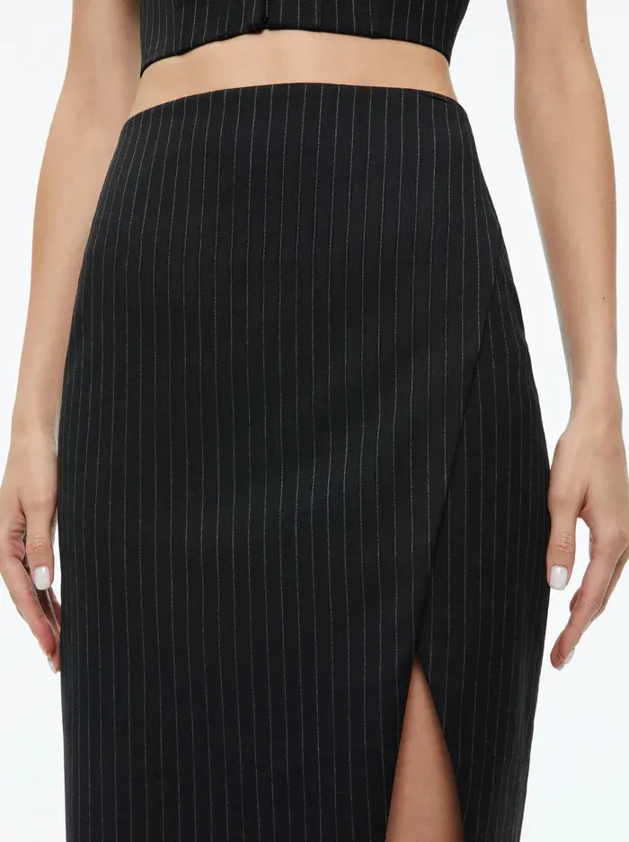 Alice   Olivia - Siobhan Midi Skirt - Black Pinstripe