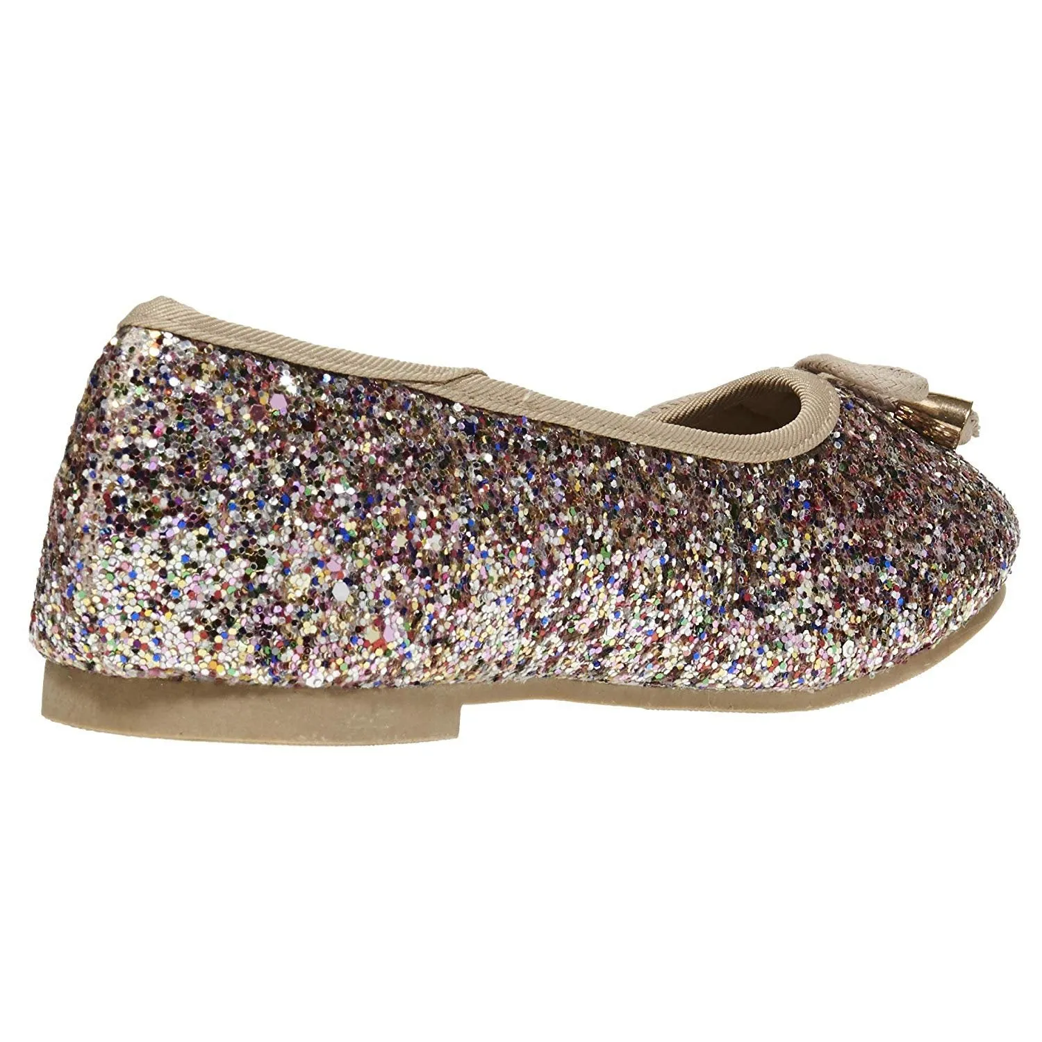 bebe Girls Flats Round Toe Chunky Glitter with Bow and Metallic Logo Hardware Slip-On Shoes Flexible PU Leather