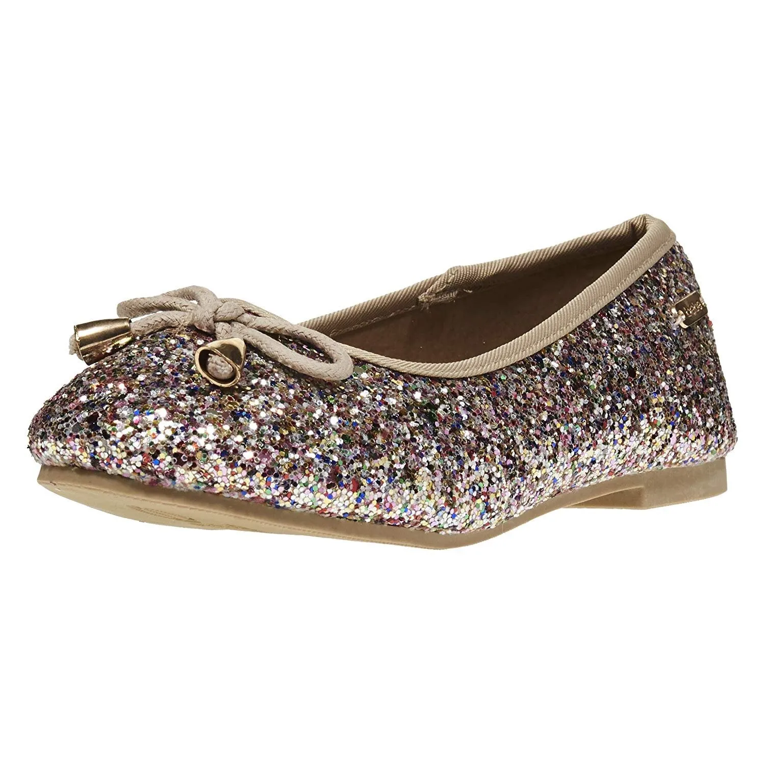 bebe Girls Flats Round Toe Chunky Glitter with Bow and Metallic Logo Hardware Slip-On Shoes Flexible PU Leather