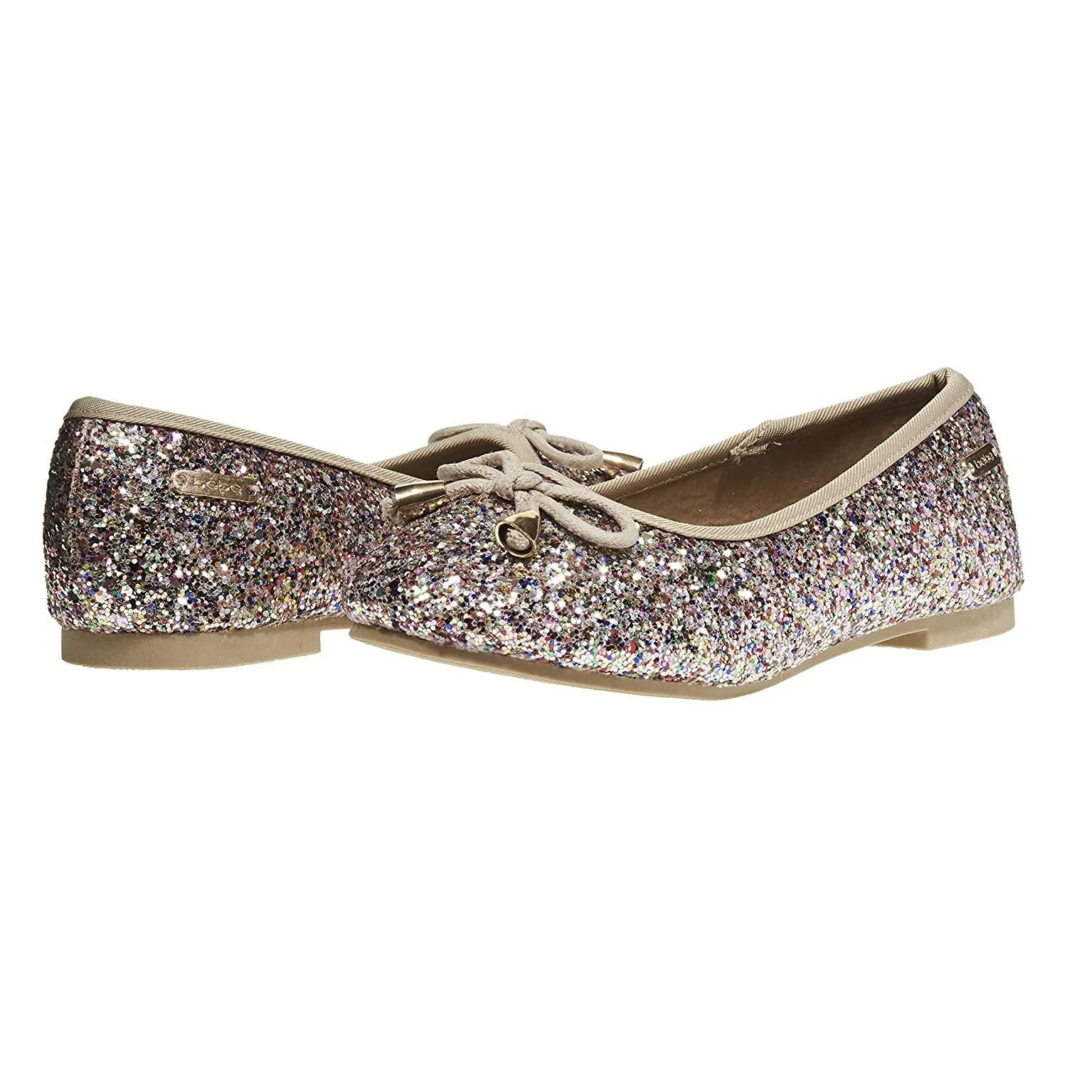 bebe Girls Flats Round Toe Chunky Glitter with Bow and Metallic Logo Hardware Slip-On Shoes Flexible PU Leather