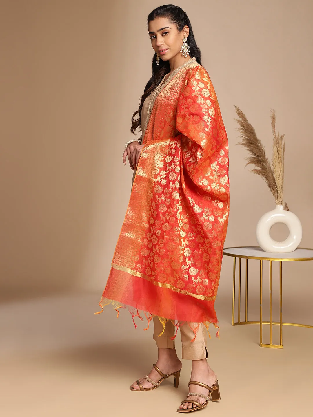 Beige Crepe Silk Yoke Design Straight Kurta Set