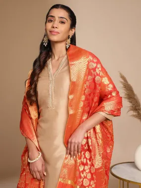 Beige Crepe Silk Yoke Design Straight Kurta Set