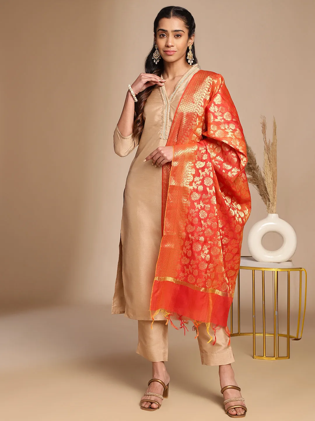 Beige Crepe Silk Yoke Design Straight Kurta Set