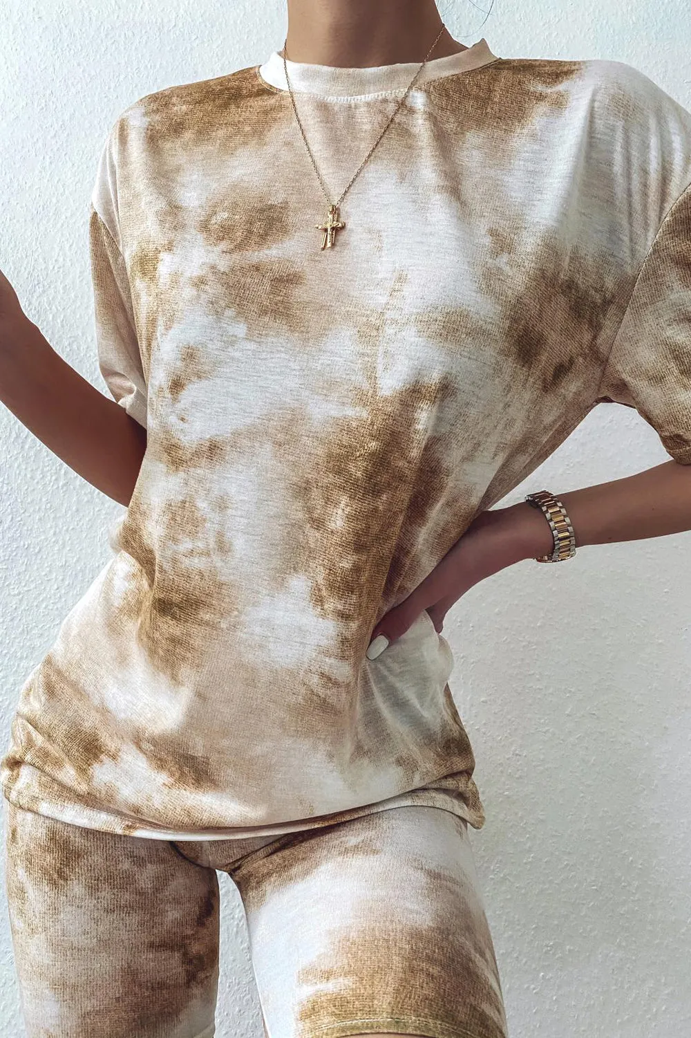 Beige Tie Dye Oversized T-Shirt and Shorts Co-ord Set