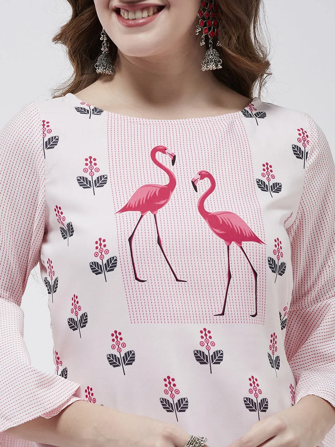 Bell Sleeves Layered Flamingo Printed Kurta