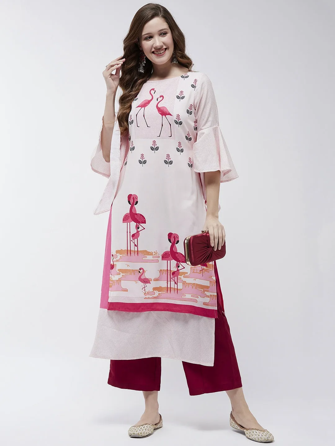 Bell Sleeves Layered Flamingo Printed Kurta