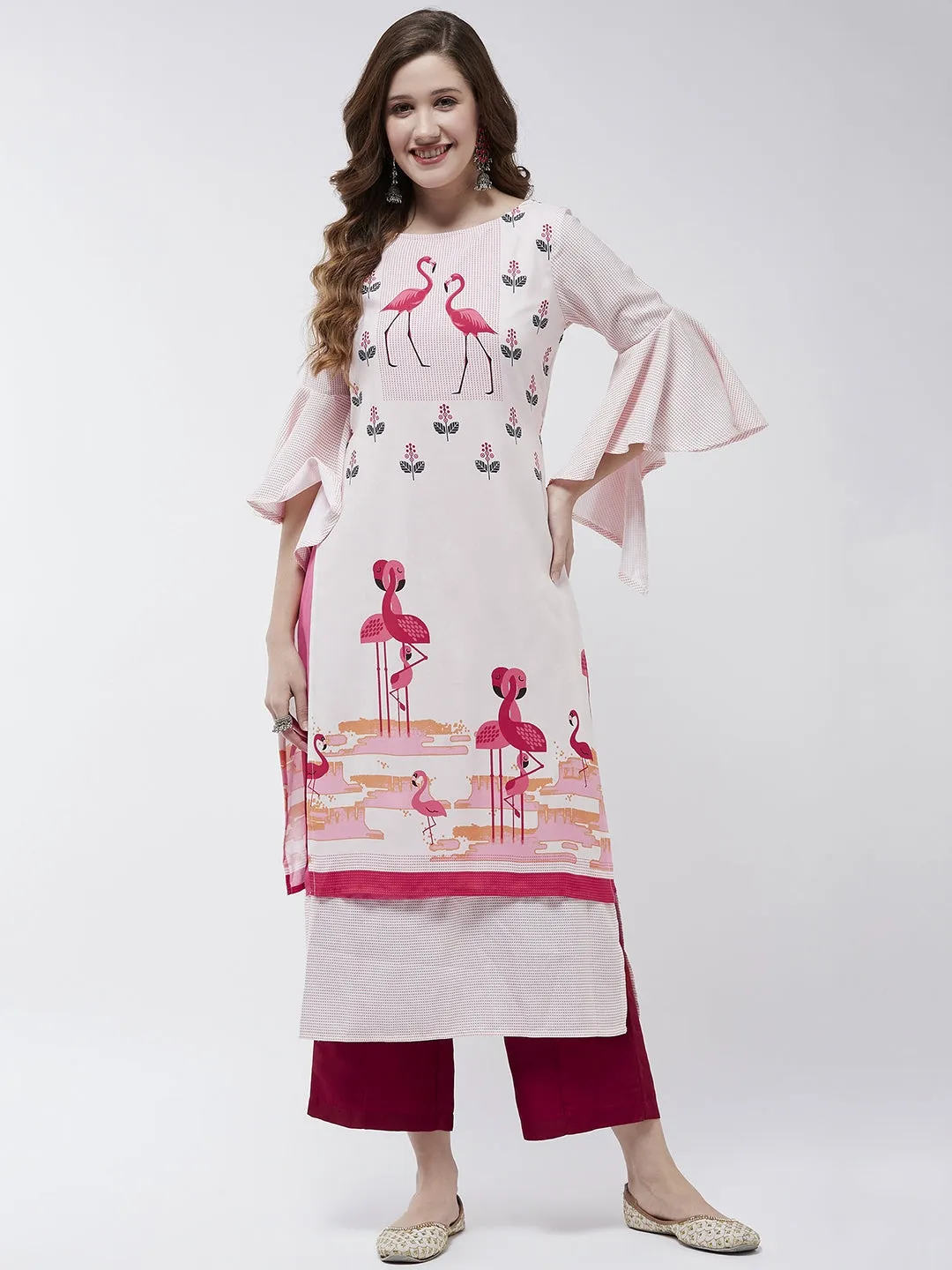 Bell Sleeves Layered Flamingo Printed Kurta