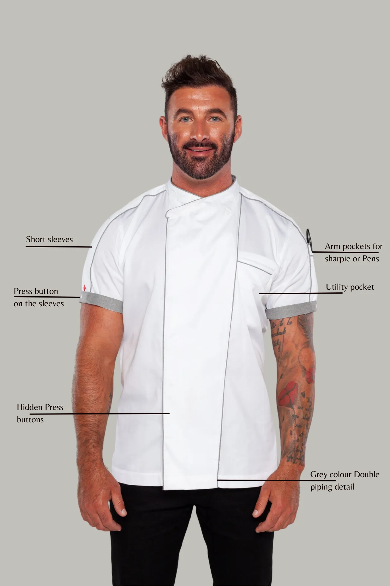 Bryan Chef jacket white with grey trim and coolvent