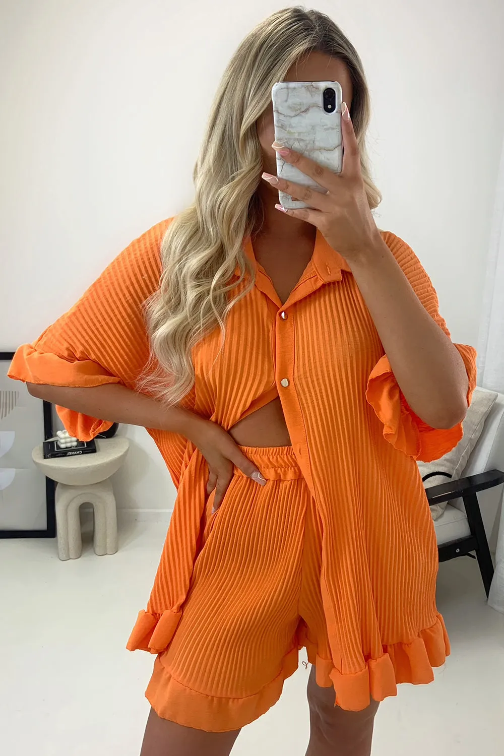 Colette Orange Plisse Pleated Frill Hem Shirt and Shorts Co-Ord Set