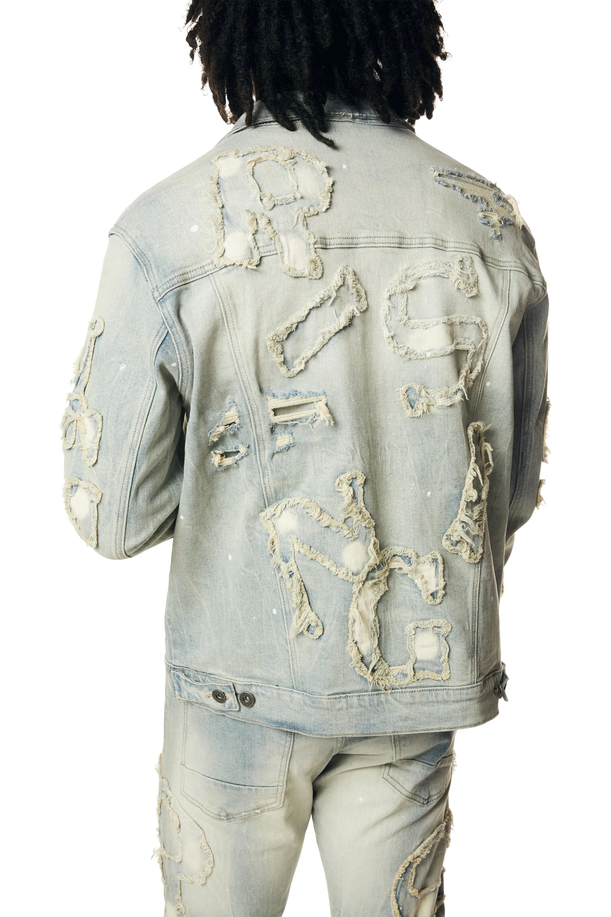 Cut & Sewn Rip Off Letter Applique Jean Jacket - Seville Blue