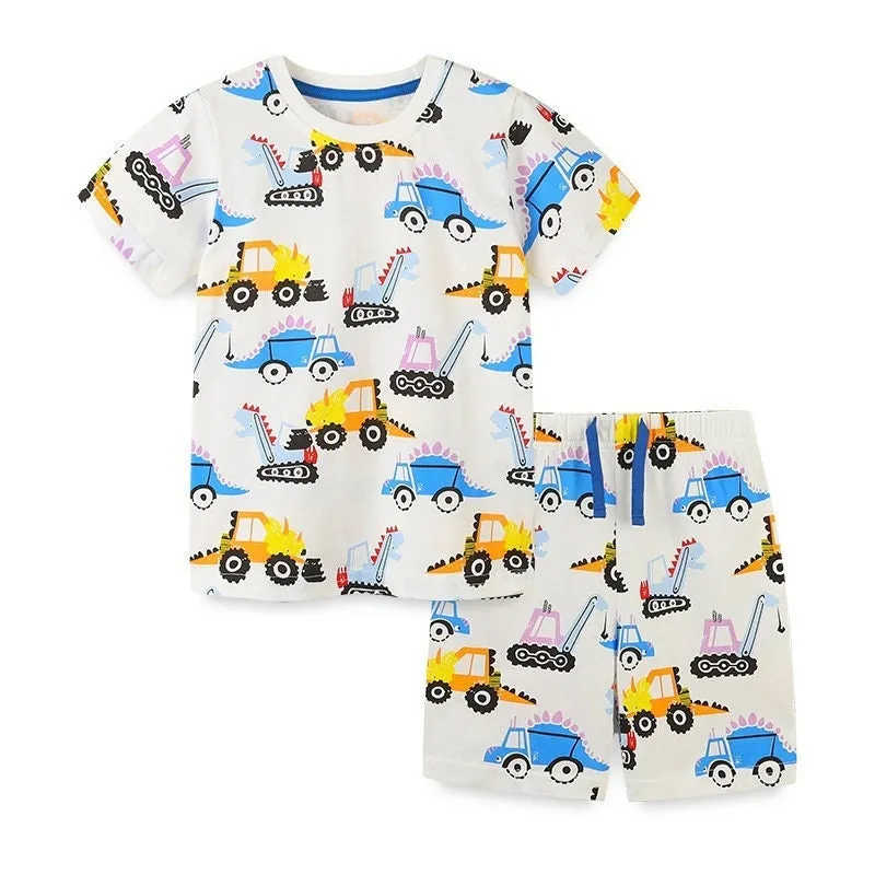 Dinosaur Construction Vehicles Pattern Boys 2 Piece T-Shirt and Shorts Summer Set