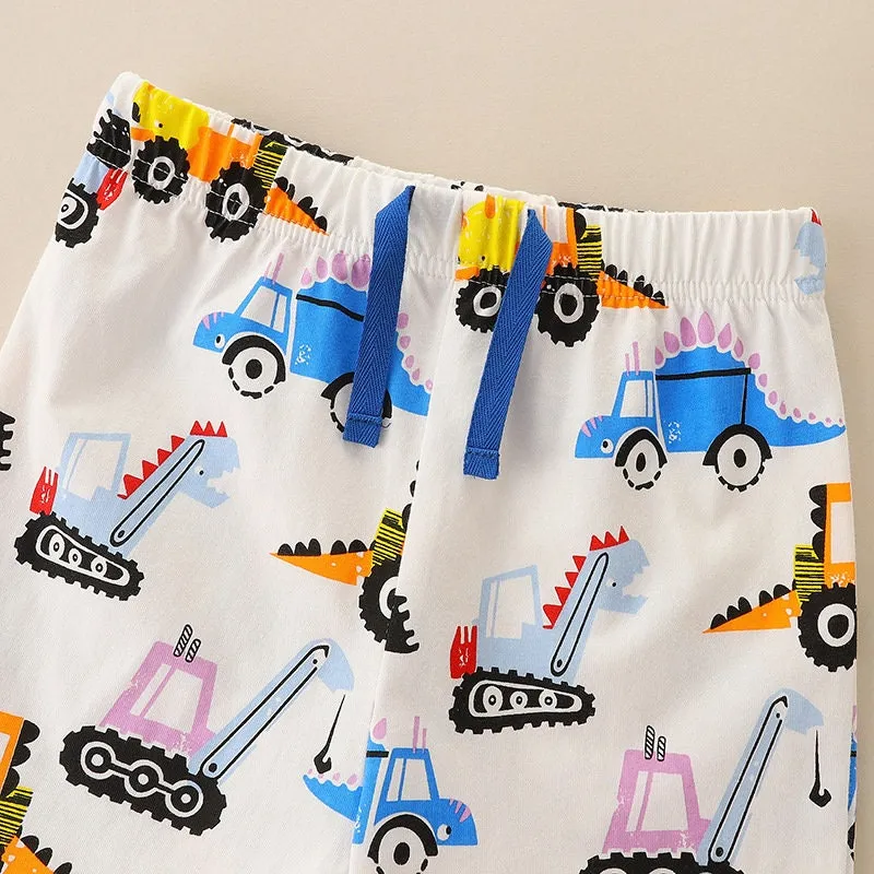 Dinosaur Construction Vehicles Pattern Boys 2 Piece T-Shirt and Shorts Summer Set