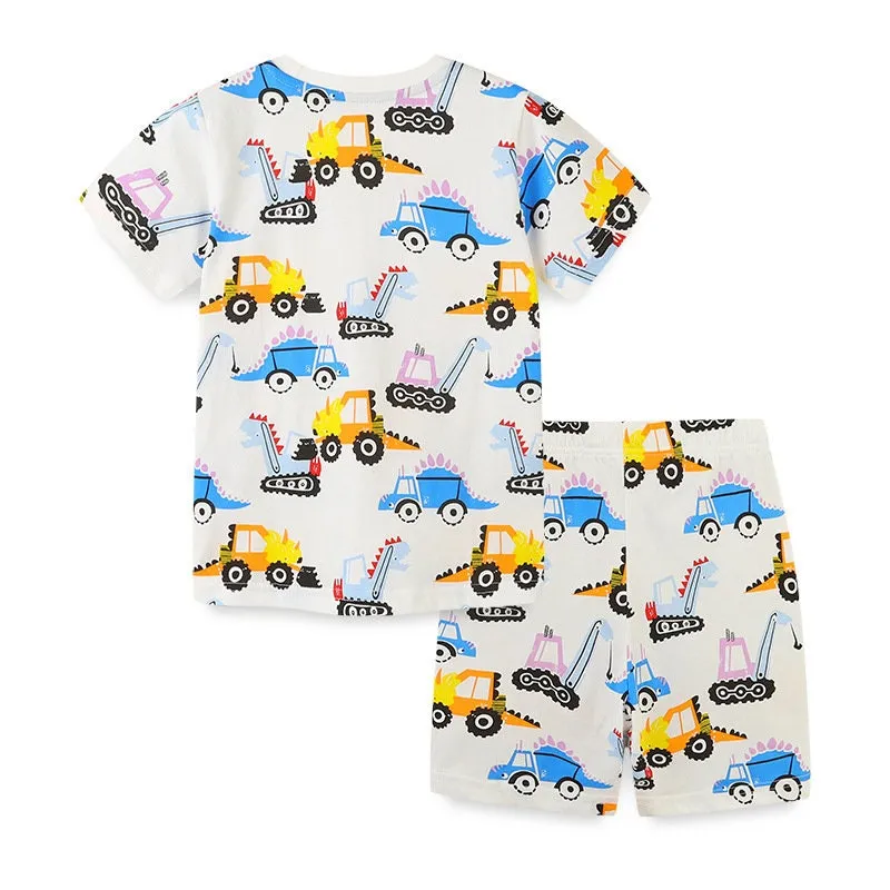 Dinosaur Construction Vehicles Pattern Boys 2 Piece T-Shirt and Shorts Summer Set