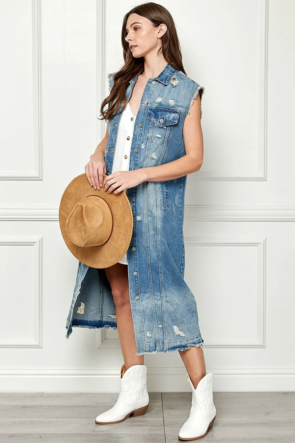 Distressed Longline Denim Jacket