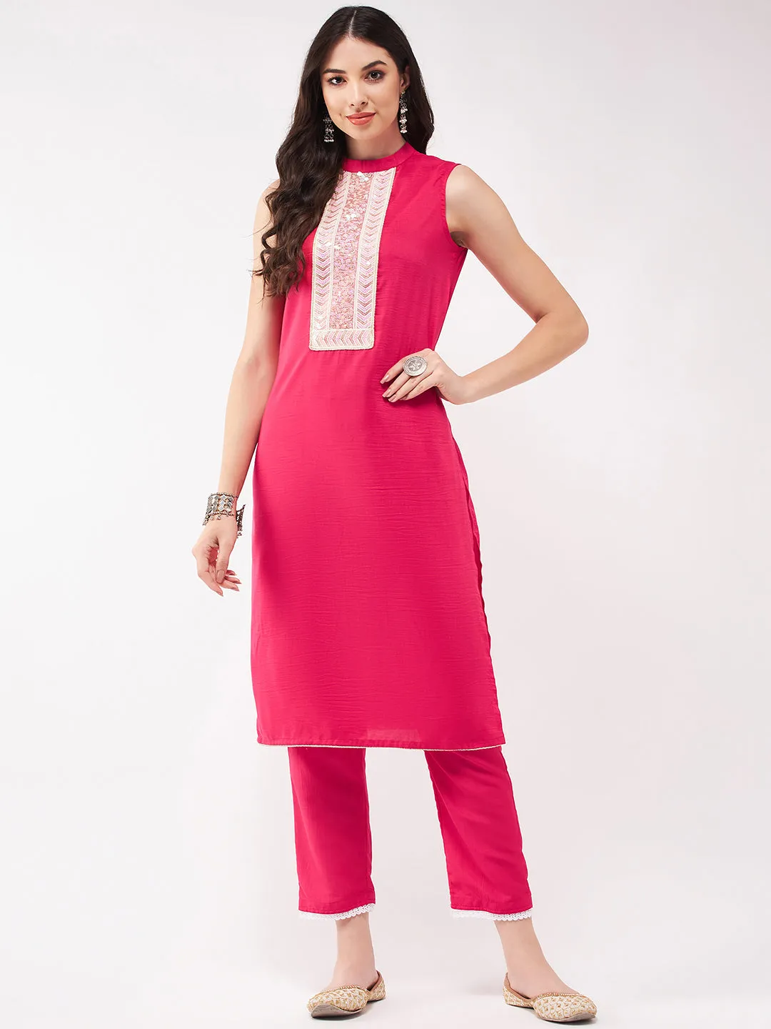 Festive Solid Sleeveless Kurti With Lace Yoke And Matching Pant Set