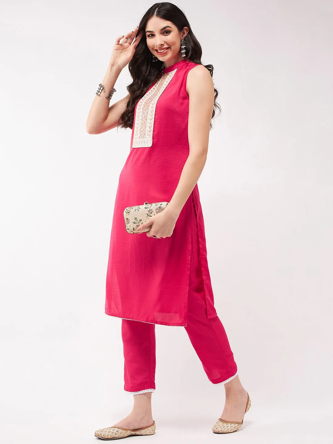 Festive Solid Sleeveless Kurti With Lace Yoke And Matching Pant Set