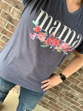 {FLORAL MAMA} Heather Navy V-Neck Tee