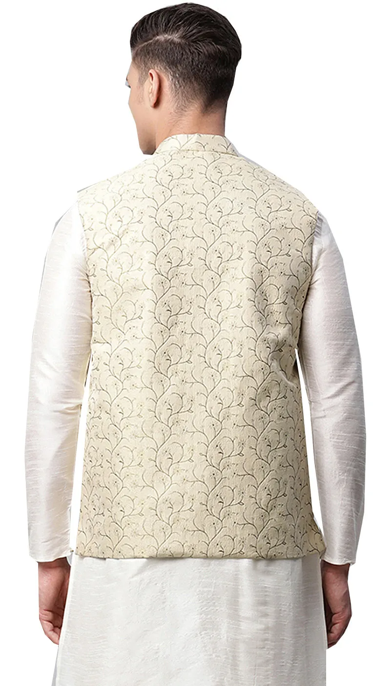 Floral Men's Embroidered Nehru Jackets from India (Gold)