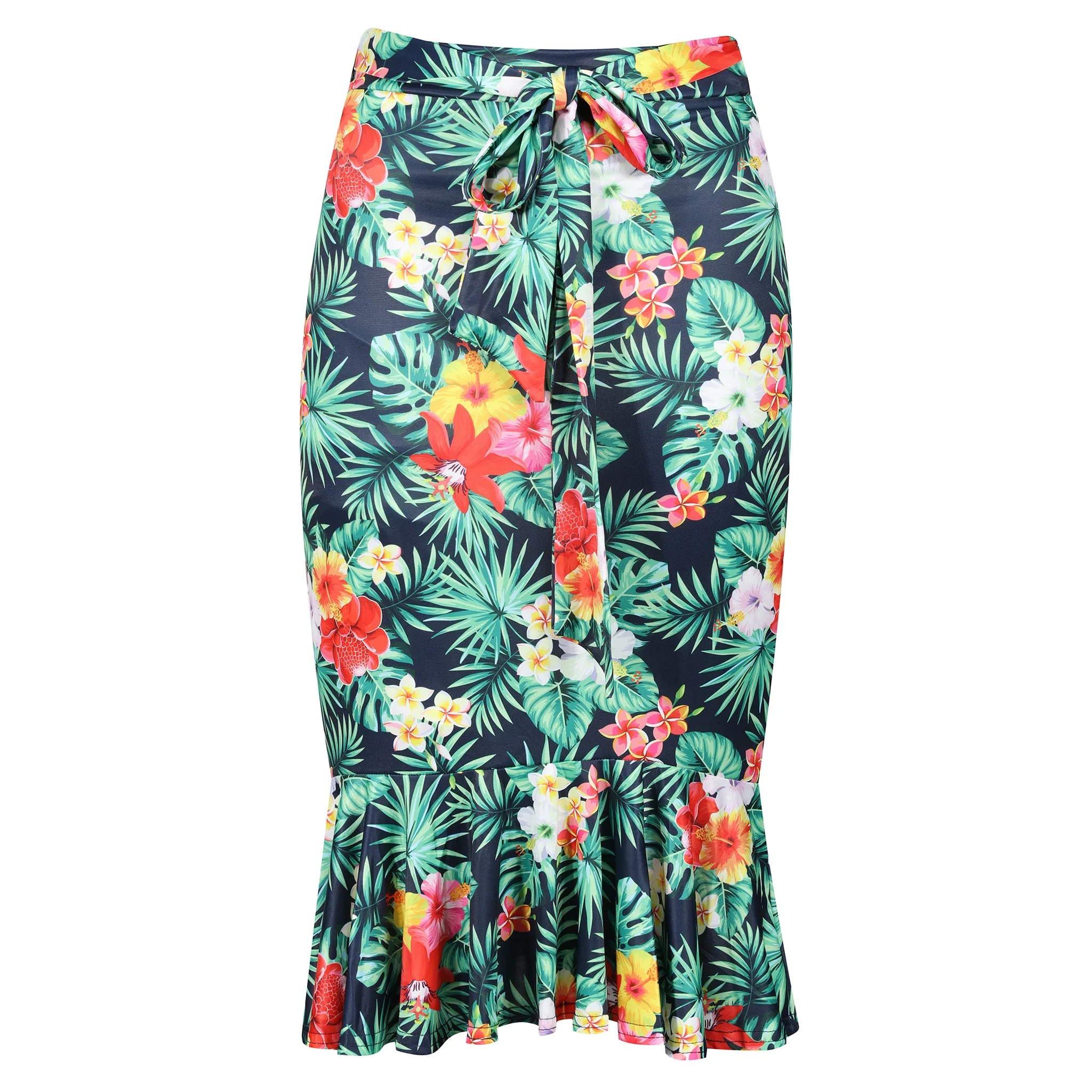 Hawaiian Print Ruffle Hem Tie belt Wiggle Skirt