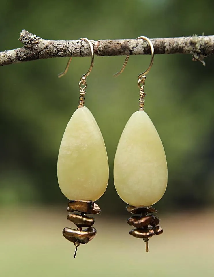 Jade, Pearl, Tourmaline, and Gold Ear Wires