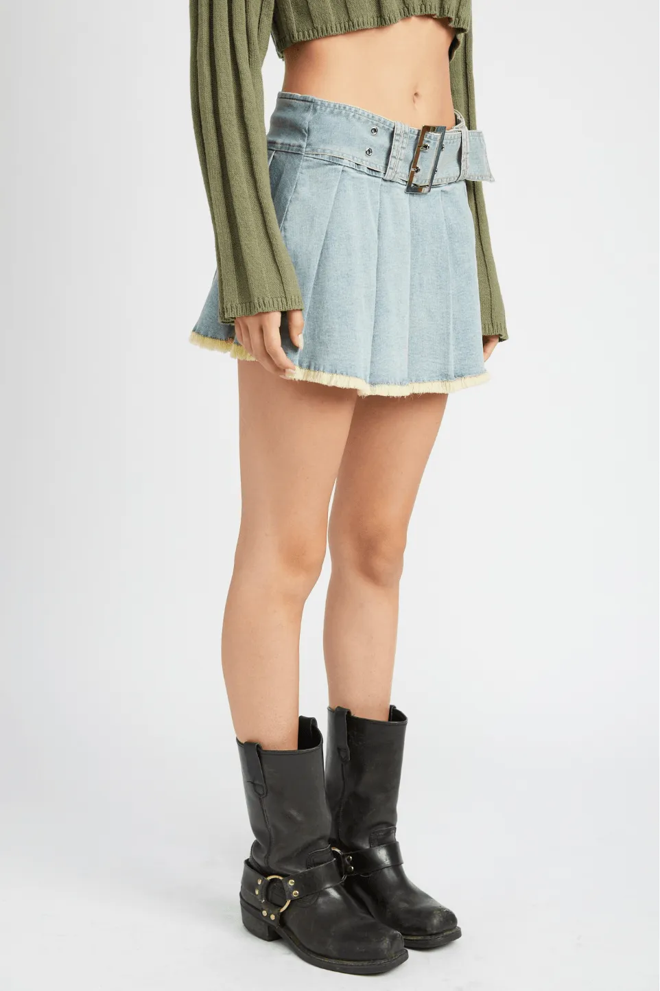 Juniors' Pleated Denim Mini Skirt