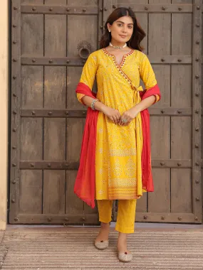 Juniper Mustard Bandhani Print Angrakha Cotton Kurta With Pants & Dupatta Set With Mirror Work Embroidery