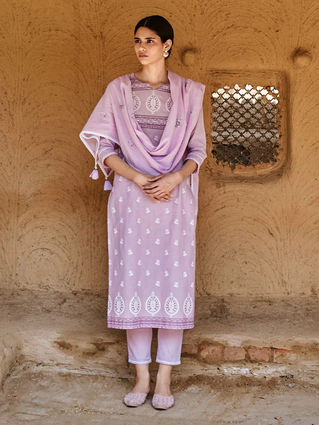 Lavender Cotton Linen Embellished Kurta Pant Set