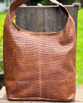 Leather Croc Slouch Bag - Tan