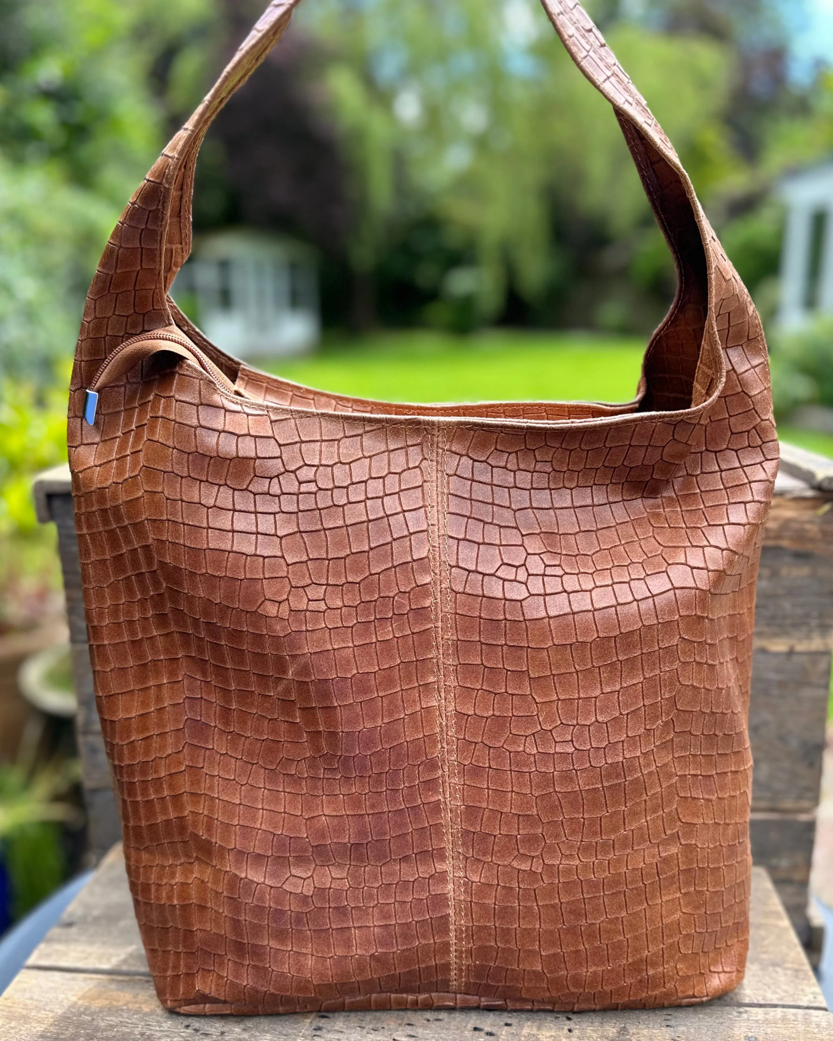 Leather Croc Slouch Bag - Tan