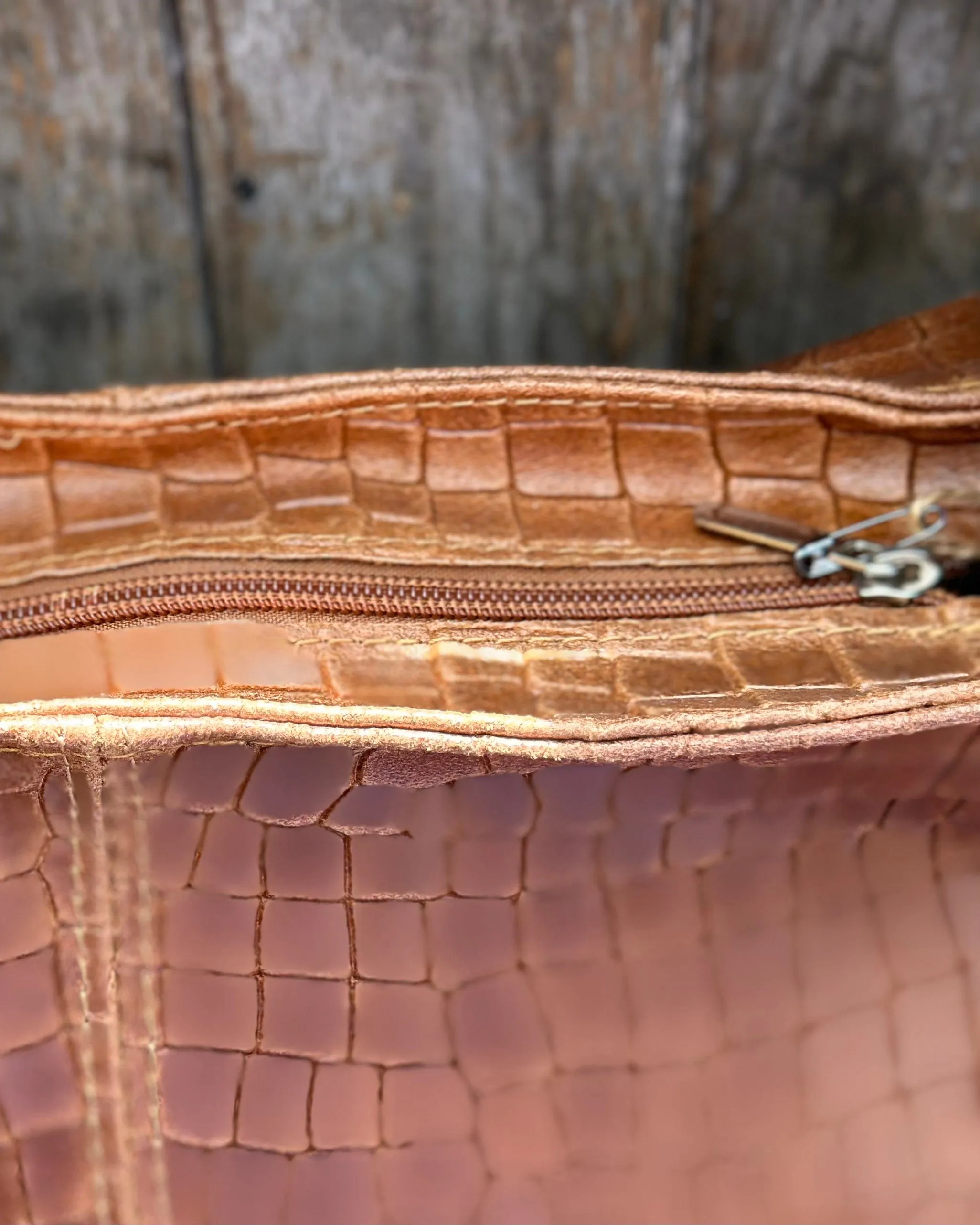 Leather Croc Slouch Bag - Tan