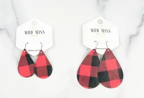 Leather Teardrop Earring Buffalo Plaid Red 