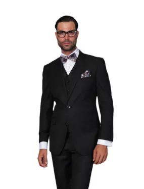 Men's 3 Piece Tailored Fit Wool Suit by Statement Color Black