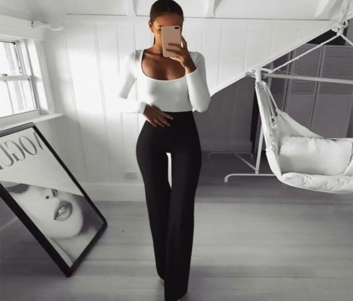 Solid High Waist Flare Wide Legs Slim Long Loose Pants