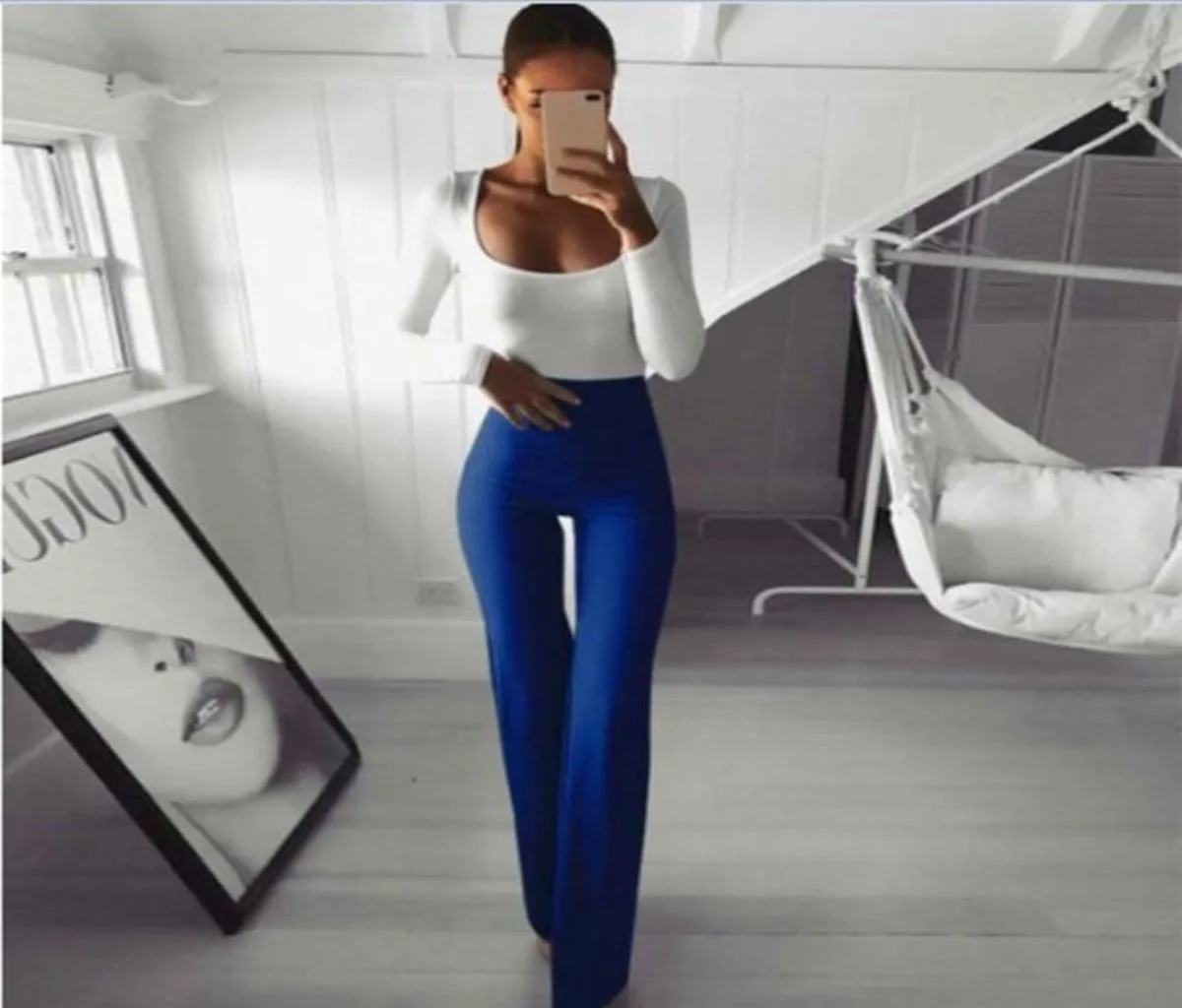 Solid High Waist Flare Wide Legs Slim Long Loose Pants