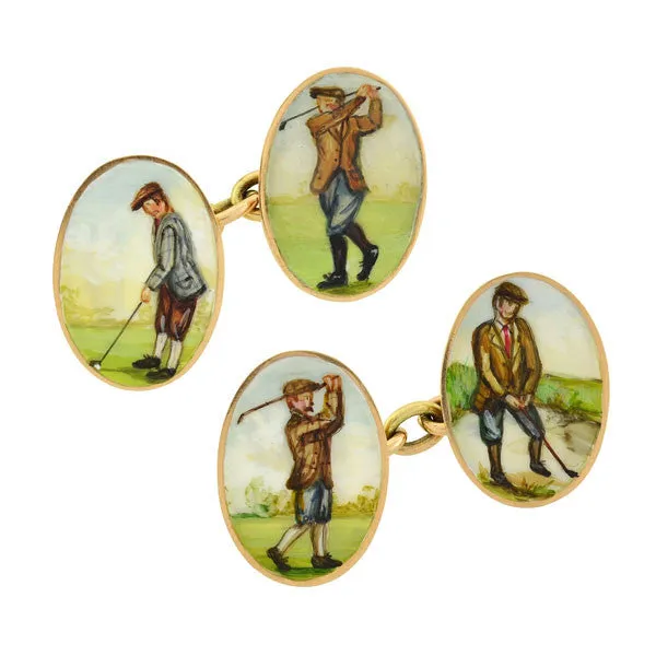 Victorian 15kt Enameled Golf Motif Double-Sided Cufflinks