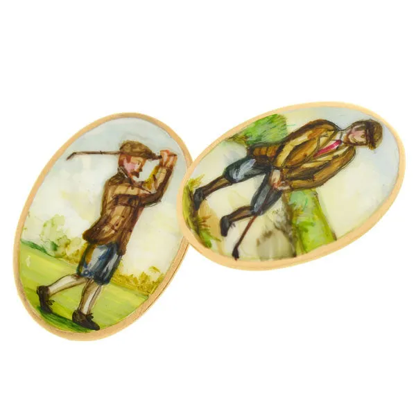 Victorian 15kt Enameled Golf Motif Double-Sided Cufflinks