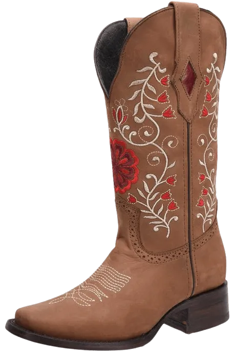 Women’s Tan Crazy with Red Flowers Square Toe Rodeo Boot